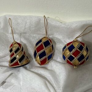 Velvet beaded Christmas Ornaments bell, round, oval shaped x 3